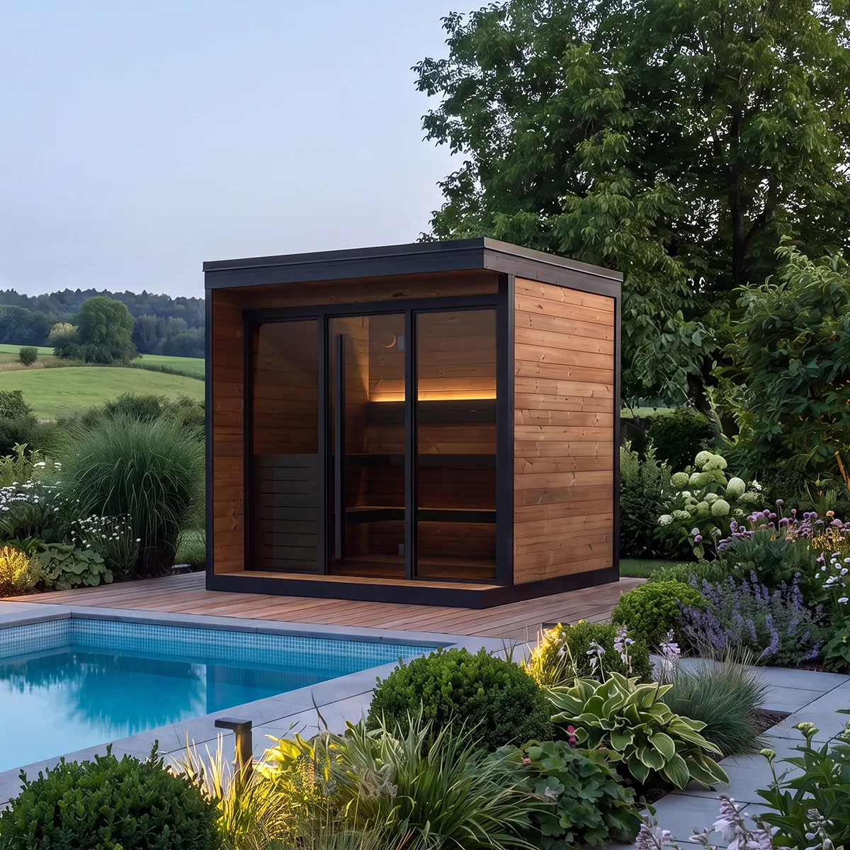 Yakia 400 XL outdoor sauna beside a swimming pool