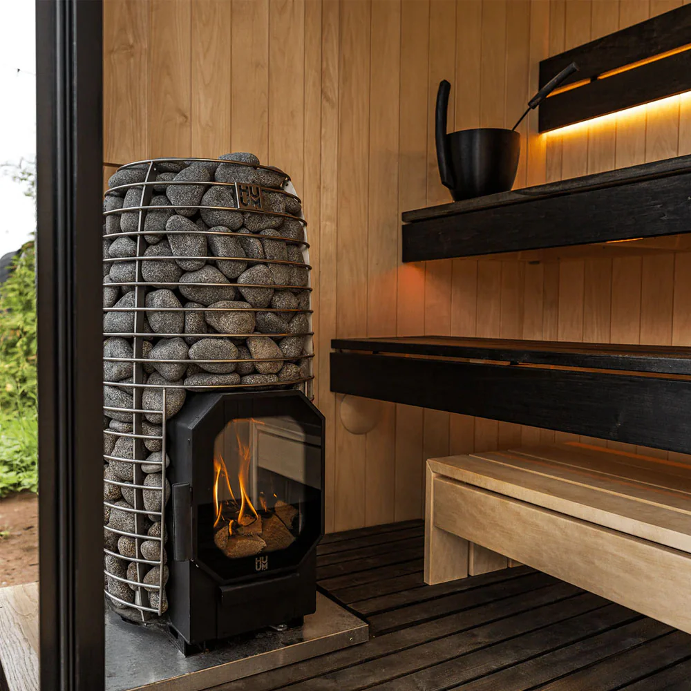 Bespoke sauna interior with wood-fired heater